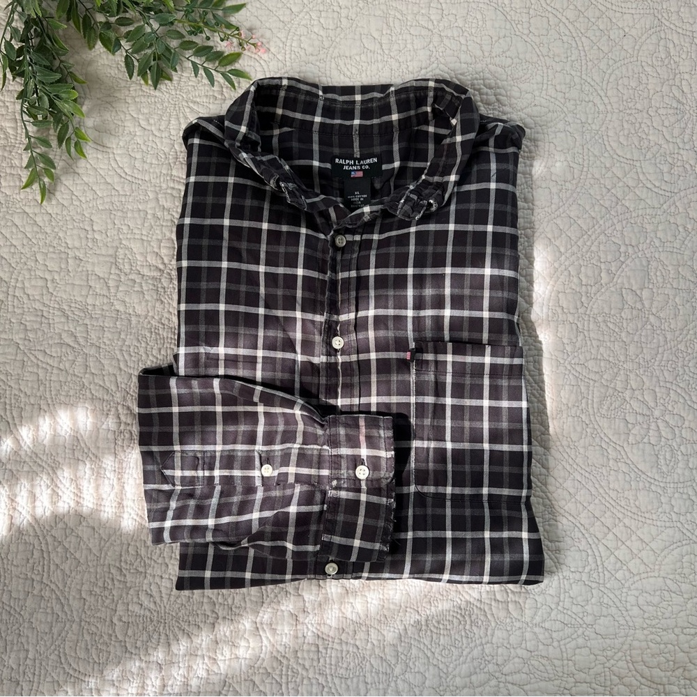 Ralph Lauren Jeans Co: Men’s Black Plaid Lightweight Vintage Button Down Size XL